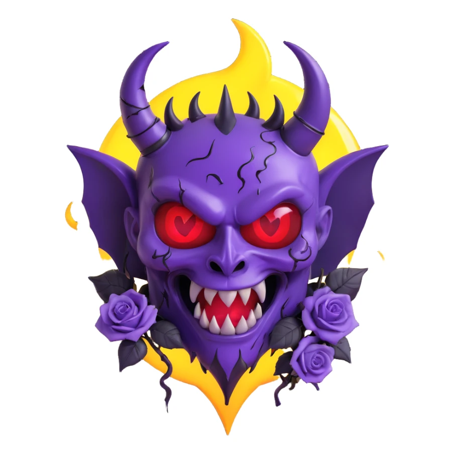 devil heart made of purple glass with sharp devil horns, pointed tail, glowing eyes, black roses, crescent moon accent, lightning effect, rain-soaked, cracked glass texture sticker