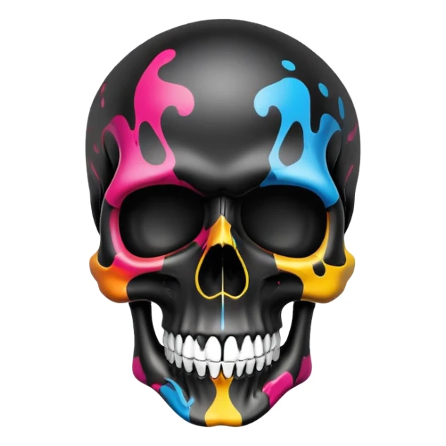 ultra premium smooth black skull with precise designer brand logo patterns, vibrant color splashes contained within skull shape, clean professional airbrush effect, front view sticker