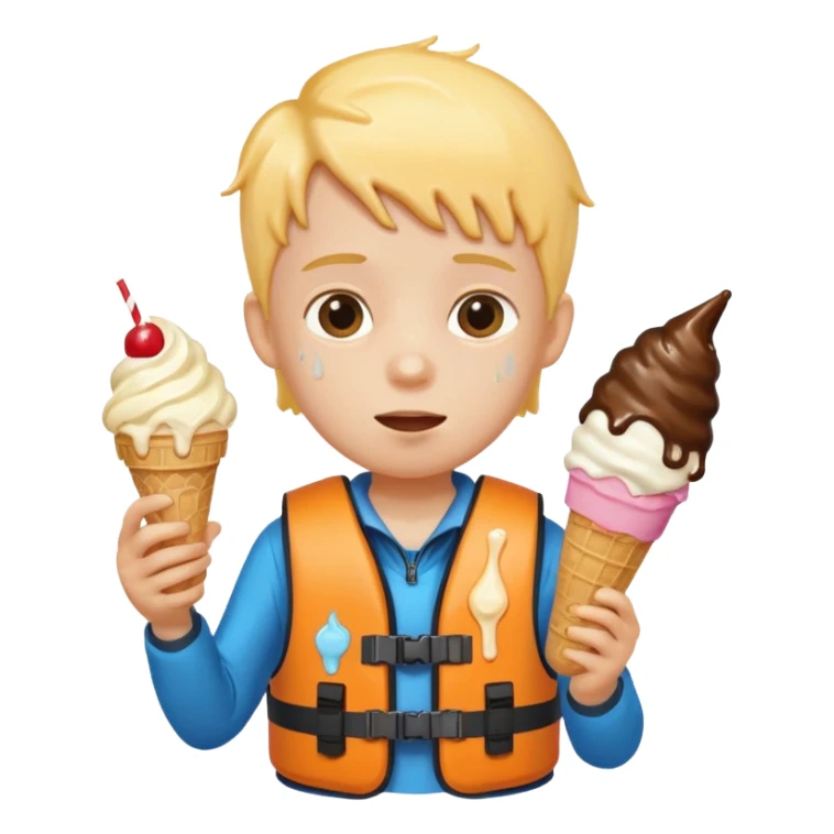 kid wearing lifejacket, holding ice cream sticker