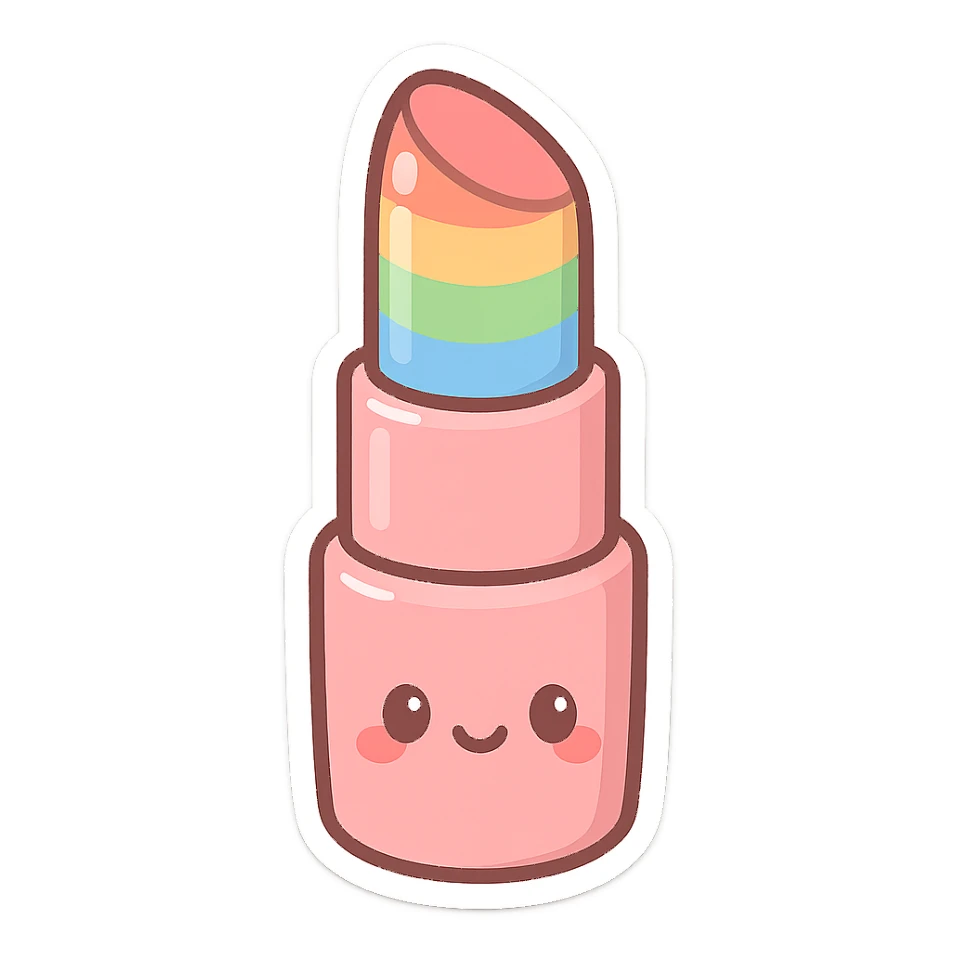 chibi sticker-style rainbow lipstick, cute and exaggerated sticker