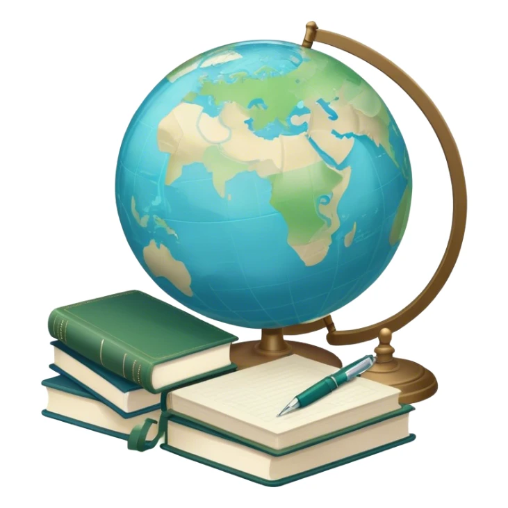 Create an emoji representing language translation. The design should feature just one globe in the background, symbolizing international communication. In front of the globe, place two books or sheets of paper with texs on them and a pen nearby to indicate the act of writing. Use a clean and professional color palette with blues, greens, and neutral tones. Make the background transparent. sticker