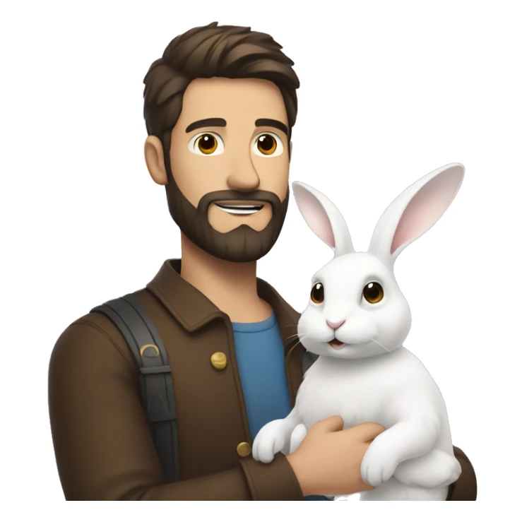 Brunette guy with a beard holds a white rabbit  sticker