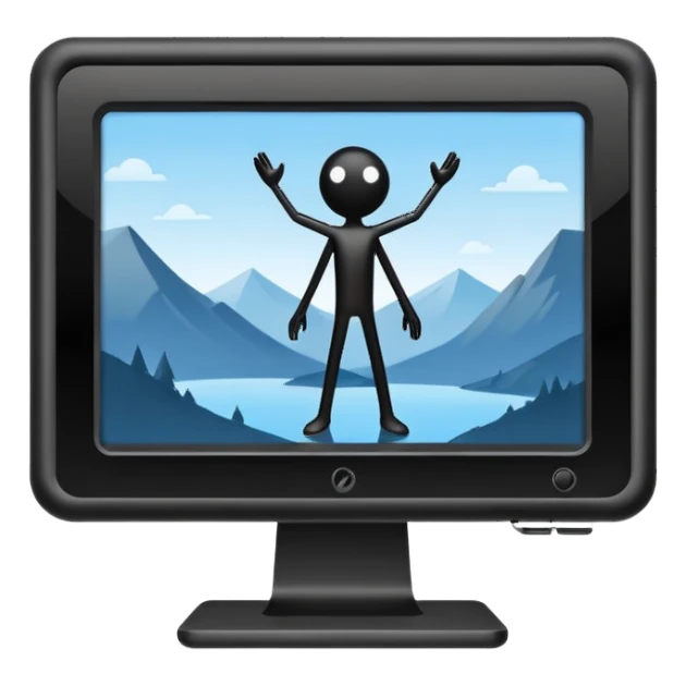 Minimalistic flat vector icon, iOS style, thin black contour on white background. Computer monitor showing a simple stickman character inside a game world. Clean, no text, no shadows sticker