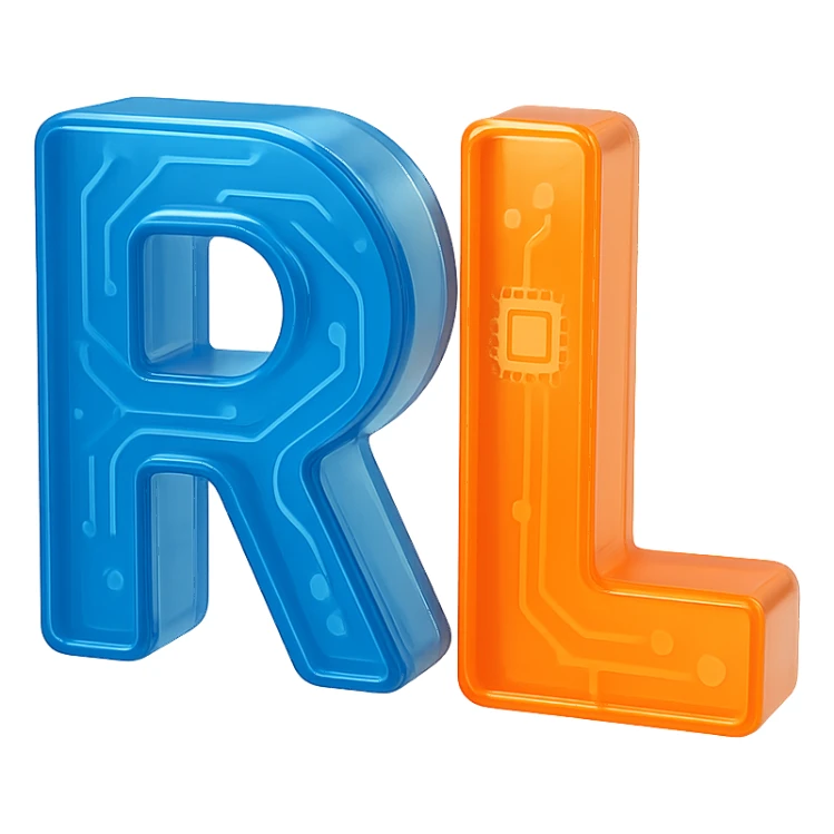 Add a tech-inspired icon such as a circuit, microchip, or digital element to the modern 'RL' logo. Keep the design minimalistic and professional with clean lines and a subtle metallic or gradient finish. Maintain the transparent background. sticker