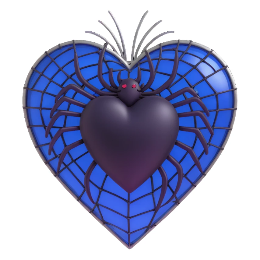 3D emoji gothic heart, midnight blue glass, silver spiderweb overlay, and tiny black roses sticker
