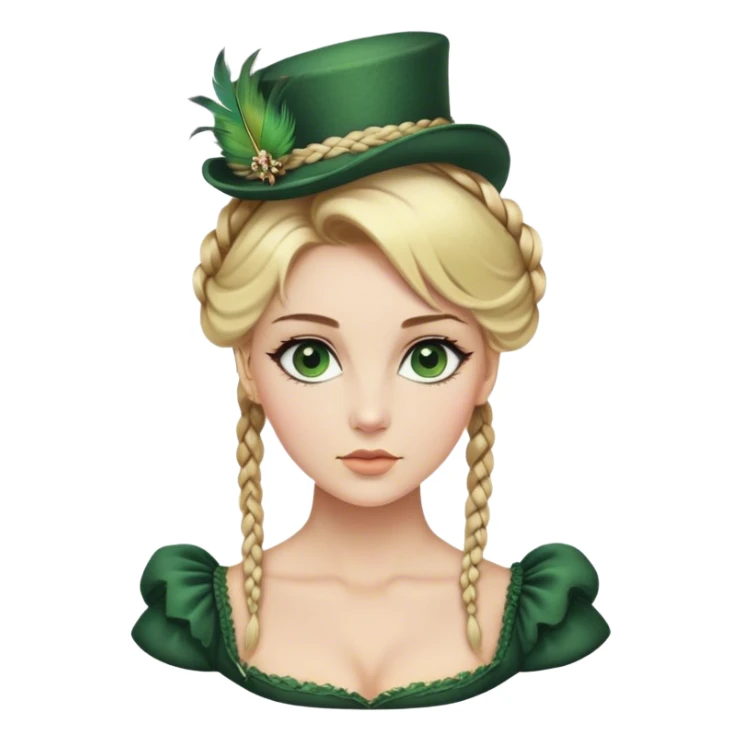 lady with Pale complexion, sharp features, high cheekbones, Blonde hair, usually styled in regancy braided updo, green eyes accessorized with a feathered small hat, royal sticker