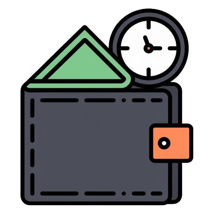 black wallet with dollars inside and a small clock in top right corner positioned above the wallet sticker