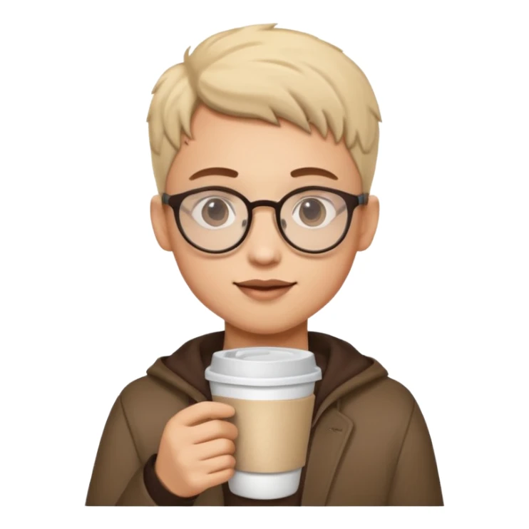 Student with round glasses and takeaway coffee sticker