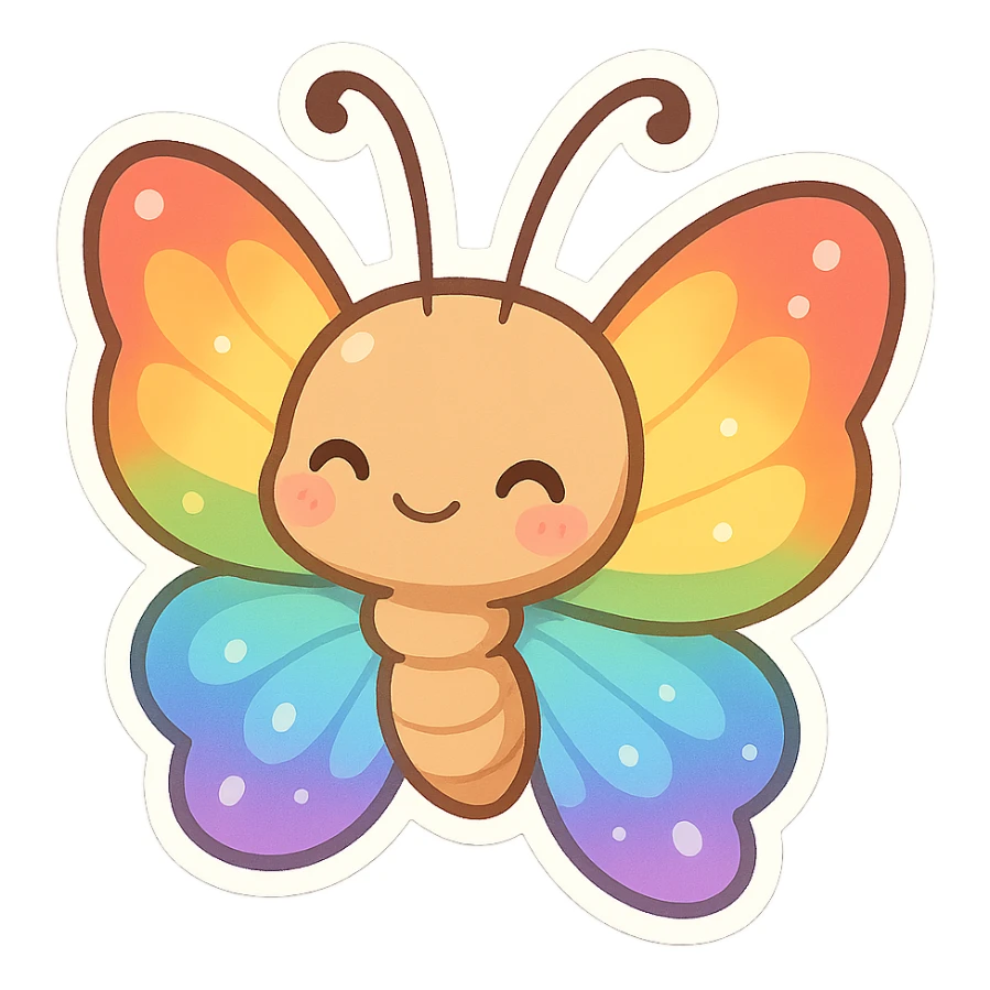 chibi sticker-style rainbow butterfly, cute and exaggerated sticker