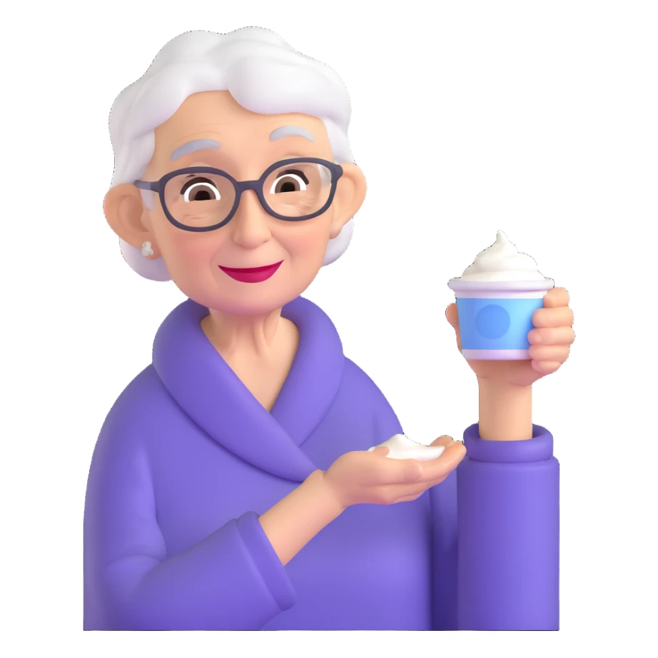 elderly woman offering yogurt sticker