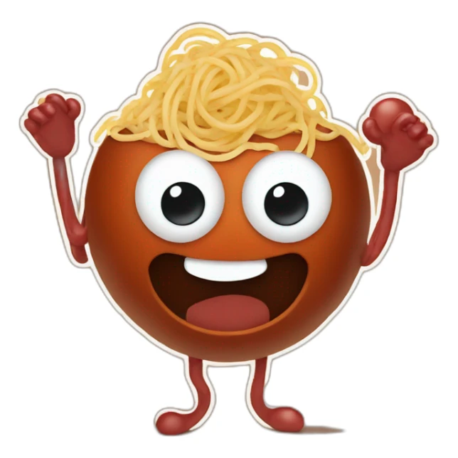 Spaghetti and meatballs with a face, arms and legs, doing something random sticker