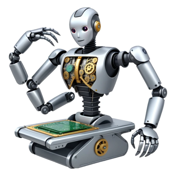 n icon featuring a humanoid robot assembling parts with mechanical arms, a circuit board in its chest, and a conveyor belt in the background. The design includes gears, sensors, and a robotic claw, symbolizing robotics innovation and automation. Transparent background sticker