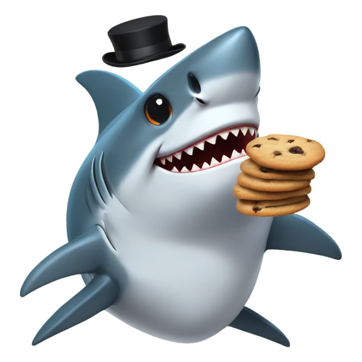 Shark eating cookies while wearing a top hat sticker