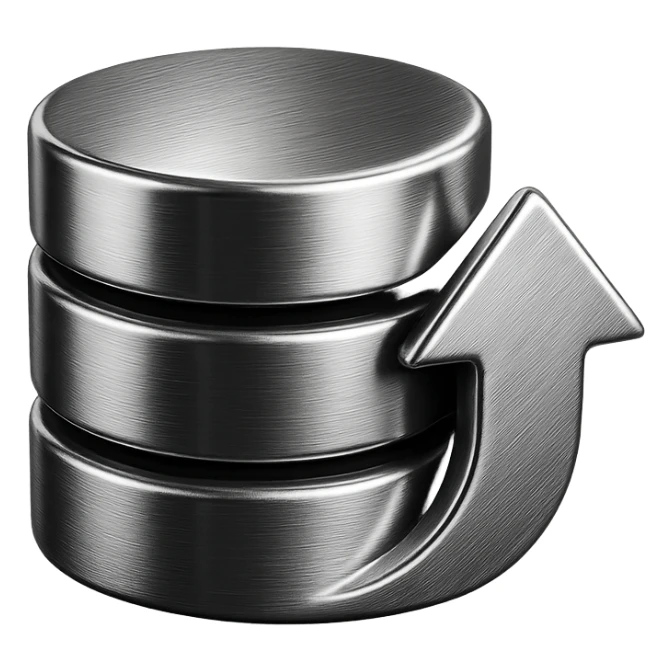 database with upward arrow symbolizing scalability, colors #3B2C85, #83fff8, #2C2828 sticker