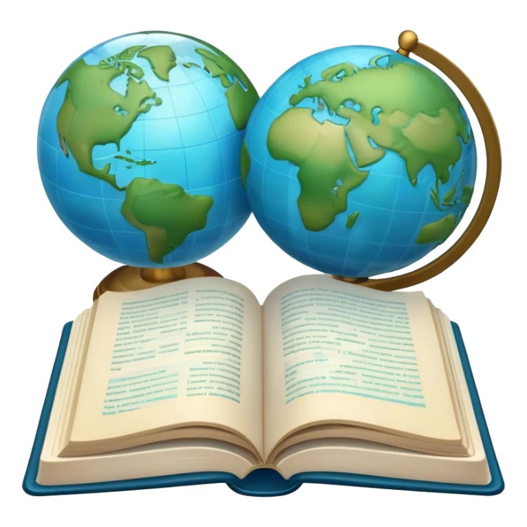 Create an emoji representing language translation. The design should feature just one globe in the background, symbolizing international communication. In front of the globe, place two opened books with texts on them and a pen nearby to indicate the act of writing. Use a clean and professional color palette with blues, greens, and neutral tones. Make the background transparent. sticker
