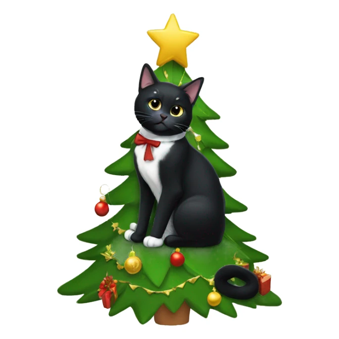 Black tuxedo cat sitting Christmas tree  sticker