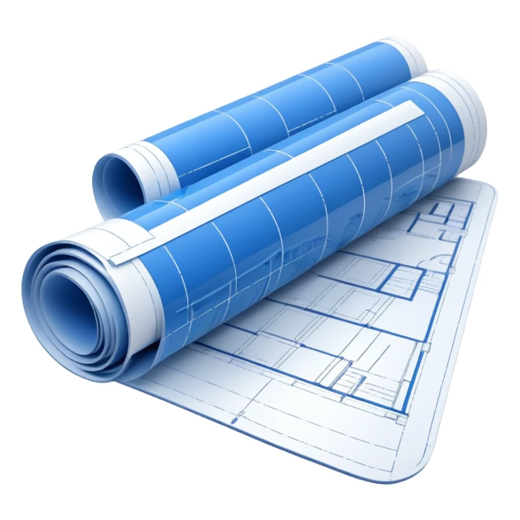 blue blueprint plan with white architectural lines, half rolled up, perspective view sticker