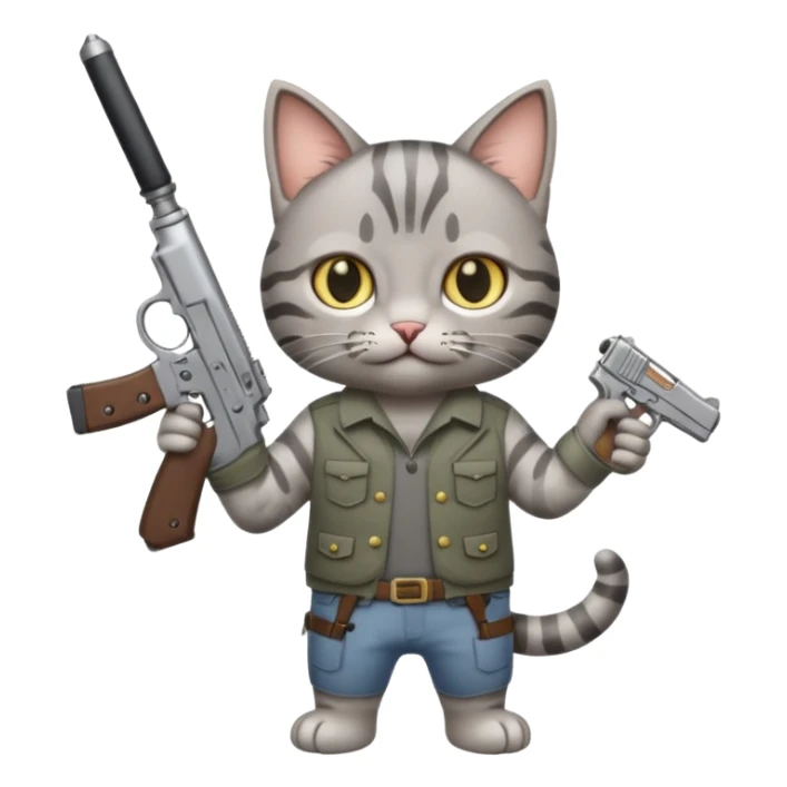 A cat holding a gun and a knife sticker