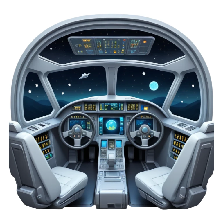 spaceship cockpit interior view with dashboard and stars visible through window sticker