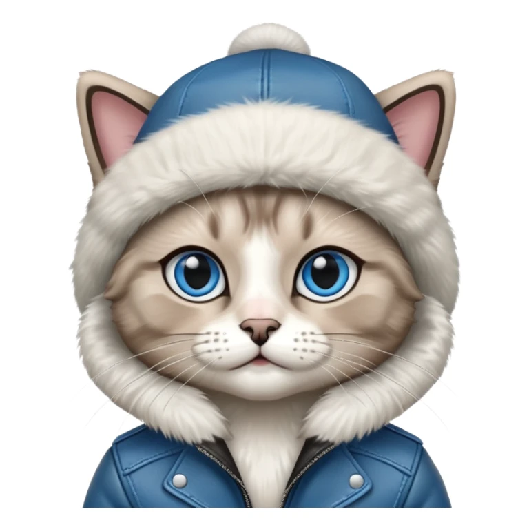 Ragdoll cat wearing a leather jacket and a beanie sticker