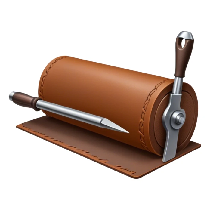 Leatherworking icon, partially unrolled raw leather roll, carving tools like engraver needle or chisel, stamp or press, textured surface, minimalistic style, clean lines, transparent background. sticker