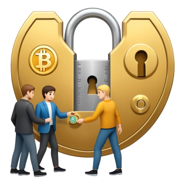 Two people exchanging cryptocurrency with a secure lock in the middle representing escrow sticker