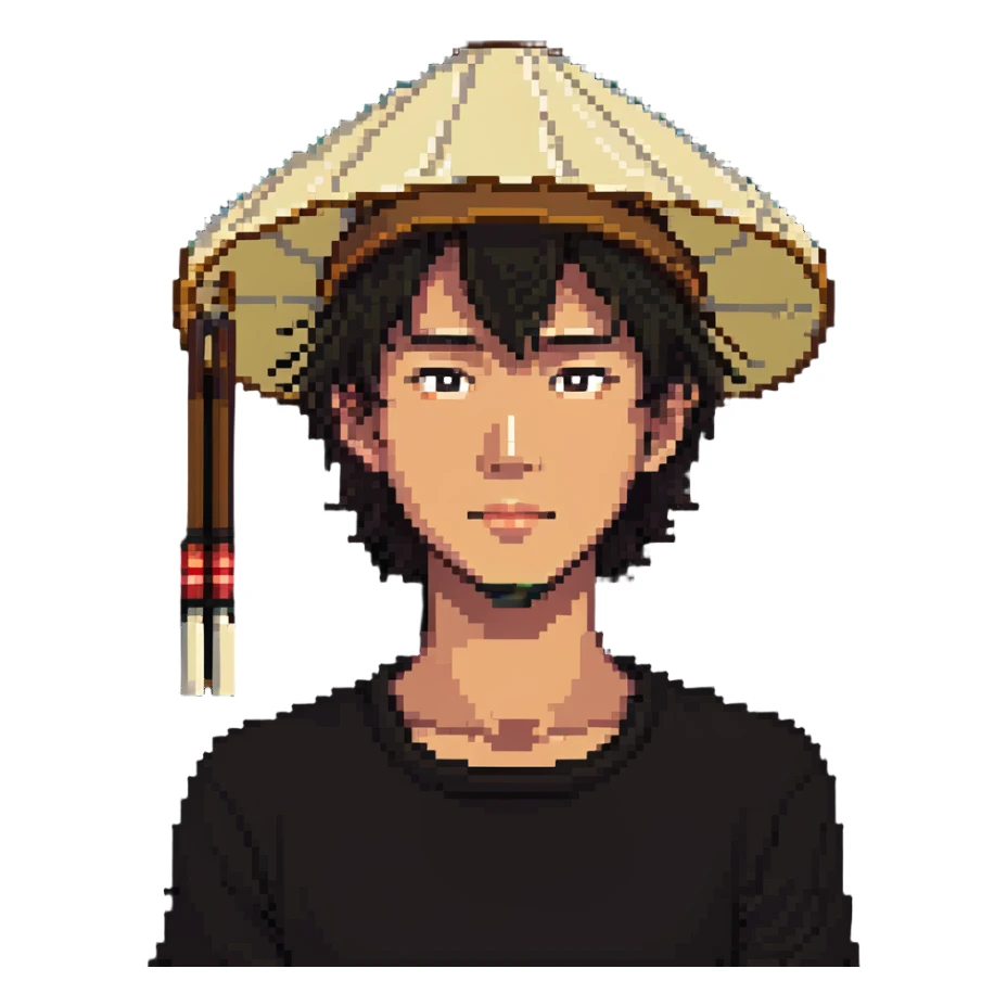 young Asian man with a rice hat sticker
