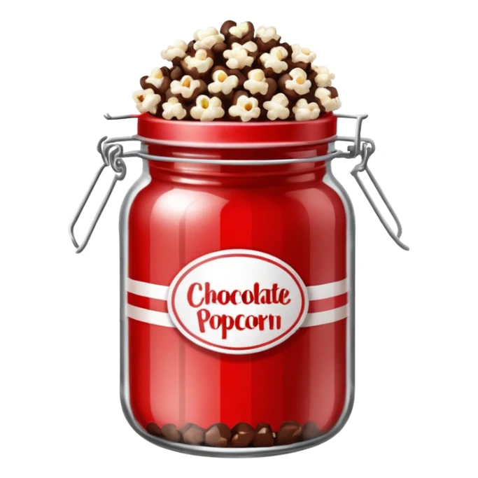Chocolate popcorn in a jar with red and white lines sticker