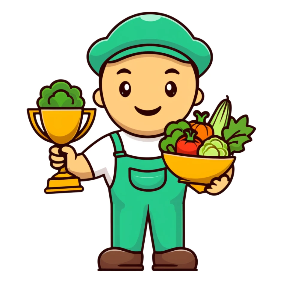 Happy gardener with trophy and prize vegetables sticker