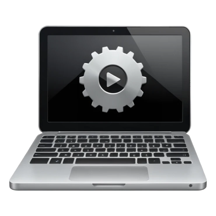 laptop with a play button and gear above sticker