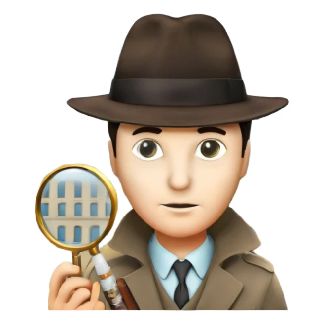 A colorful collage featuring iconic detective elements—magnifying glass, a fedora hat, a cigarette, a shadowy figure, and a mysterious city backdrop, a board with photos of suspects. Include subtle clues like fingerprints or a crime scene. Retro movie poster style. Transparent background. sticker