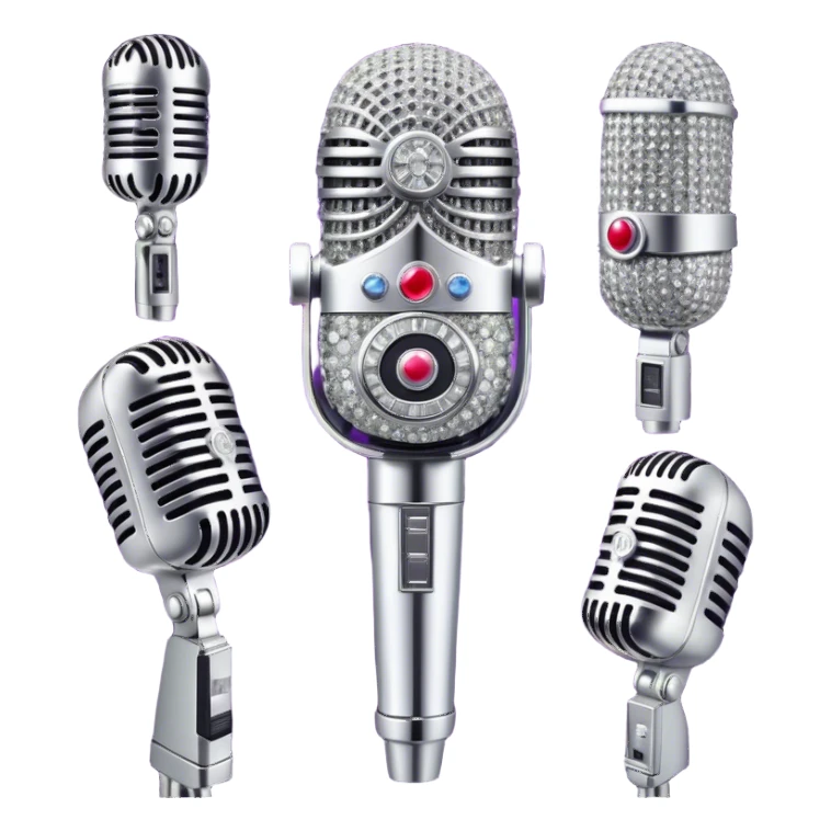 Create a glamorous and vibrant emoji representing stage vocal performance. The design should feature a humanless collage of classic vintage microphone, stage costume covered in rhinestones, sparkling brightly. The costume should be stylized, with glittering elements like sequins and sparkles, and reflect the glitzy, extravagant nature of show business. The microphone should have a sleek, retro look with chrome or metallic accents. Use rich, dazzling colors like gold, silver, deep purple, and bright red to evoke the glamorous, larger-than-life feel of a stage performance. The background should be transparent. sticker