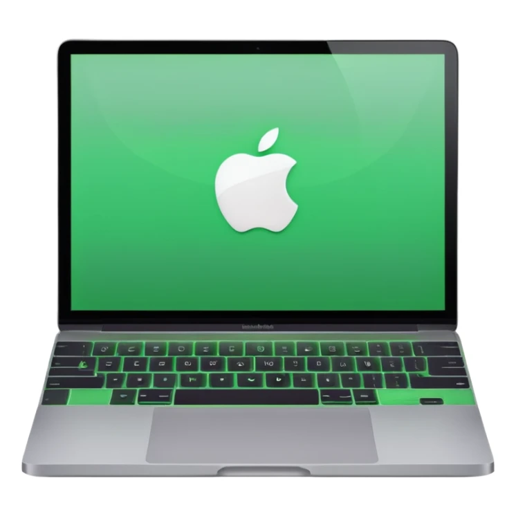 A macbook laptop front facing with its screen showing green screen. sticker