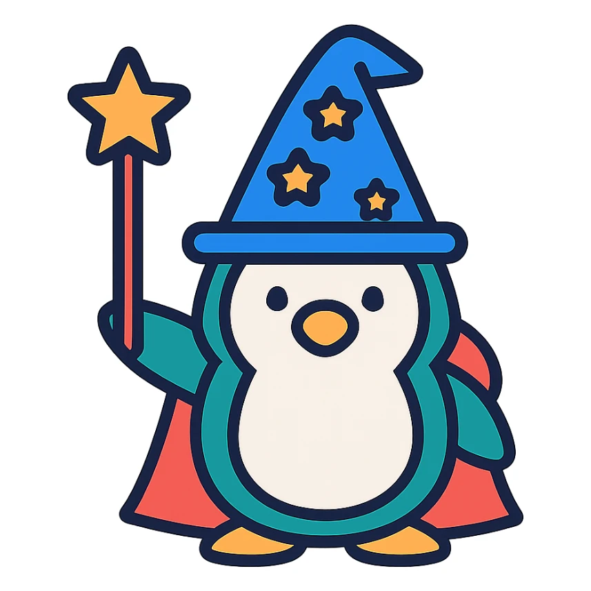penguin wizard, colorful lineal icon with black outlines sticker