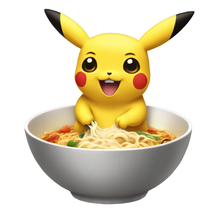 Pikachu eating ramen from a pikachu bowl sticker