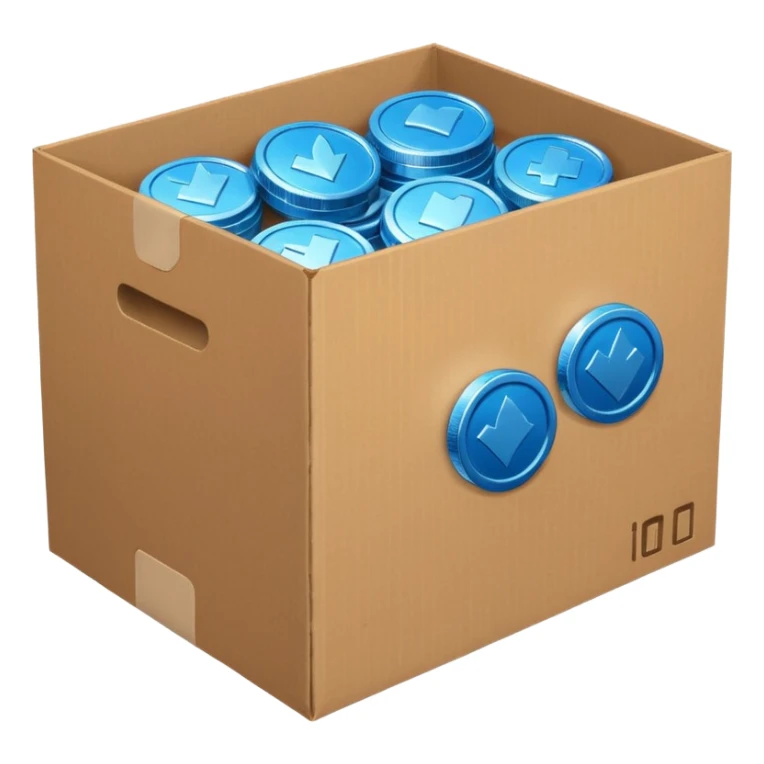 blue coins in a cardboard package sticker