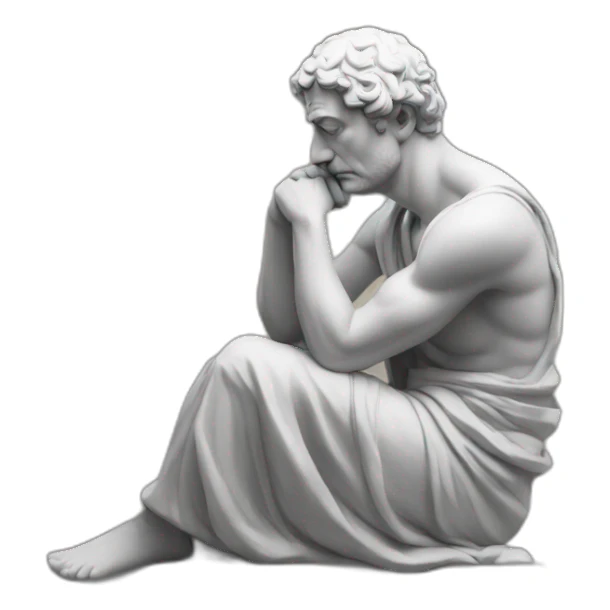 Stoic sitting and thinking with hand in his face sticker