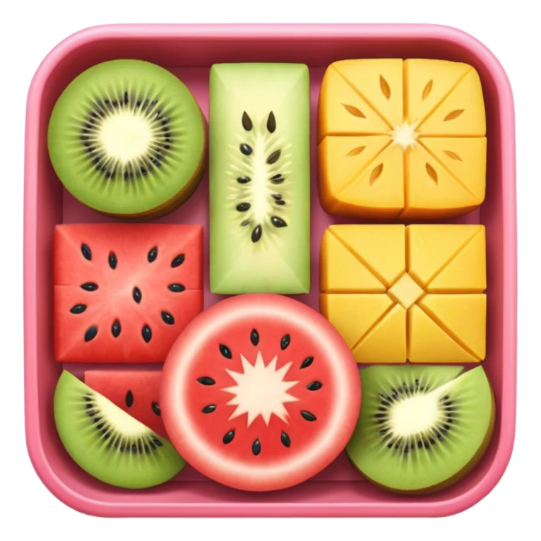 bento-style square box with sections for watermelon, strawberry, mango, kiwi, orange, cantaloupe, and pineapple sticker