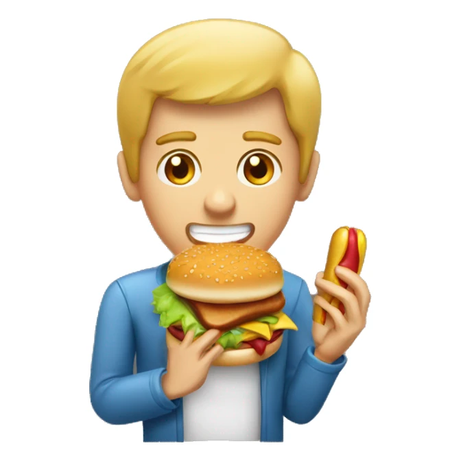 Guy eating a hamburger and a corn dog sticker