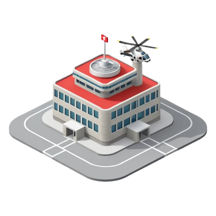 hospital isometric view building with heliport sticker