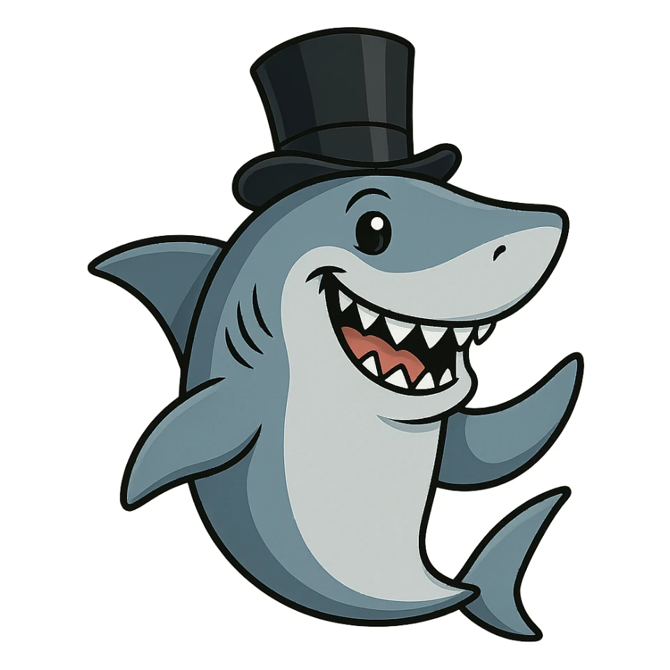 shark with a black top hat, smiling sticker