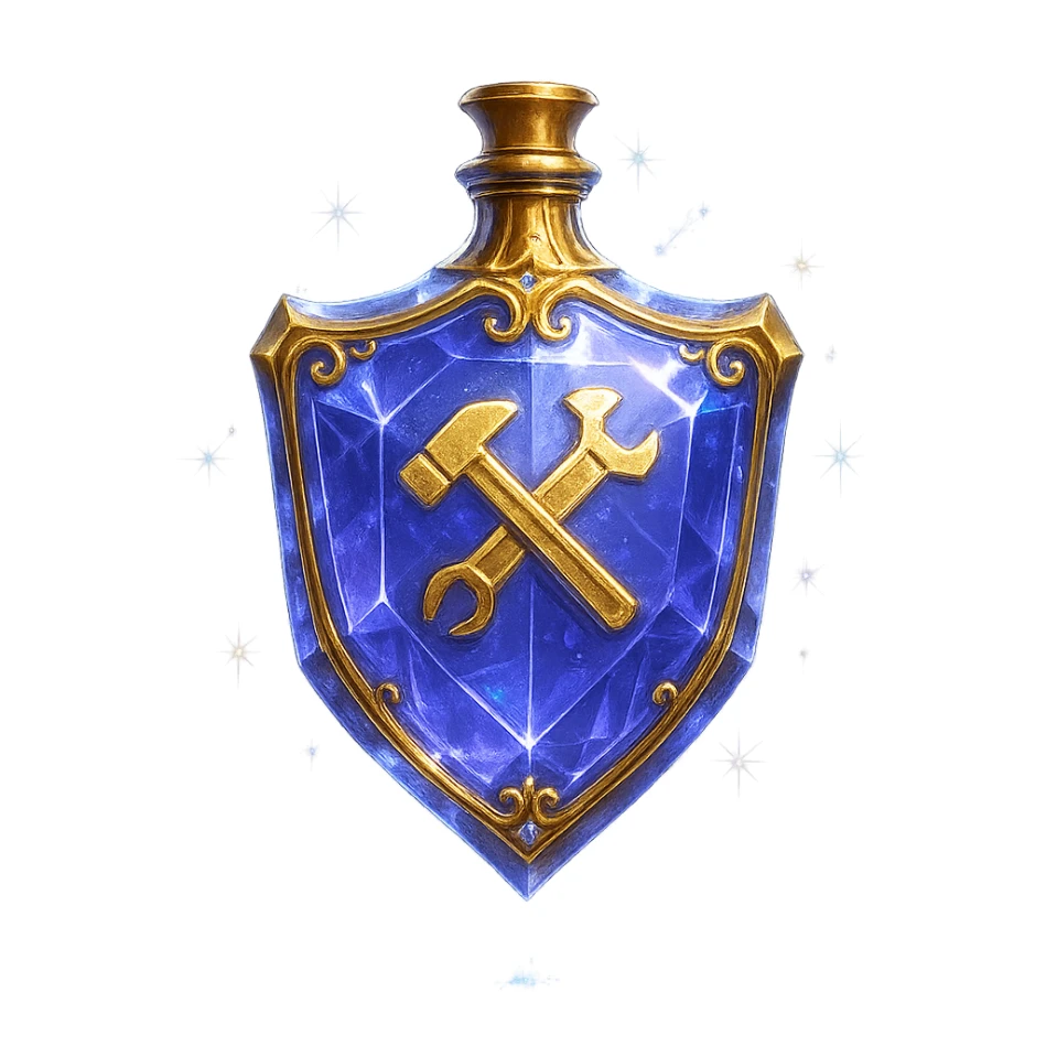 luxurious crystal elixir bottle in shield shape, color #7986cb, with 🛠 symbol on the bottle, lots of shining, edges, ornaments, golden details, magical effects, very small golden neck, transparent background, beautiful, seamlessly merging bottom, bottle clearly floating in air, no base or shadow, premium class, modern, fits a collection sticker