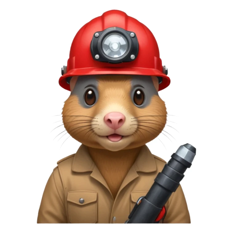 a mole rat with ore drill, red helmet, headlamp sticker