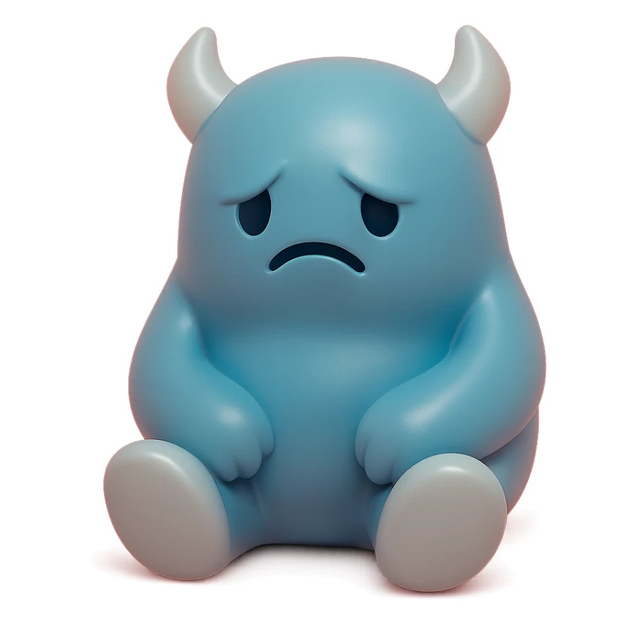 lonely monster, sitting alone with a sad expression, muted blue and grey colors, toy-like vinyl figure style sticker