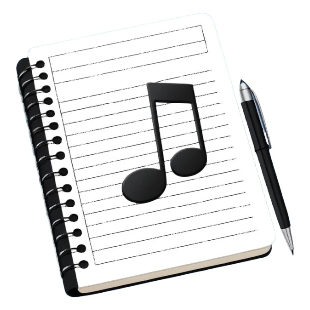 Minimalistic flat vector icon, iOS style, thin black contour on white background. Small notebook with a musical note on the cover, a pen placed next to it. Clean, modern, no text, no shadows. sticker