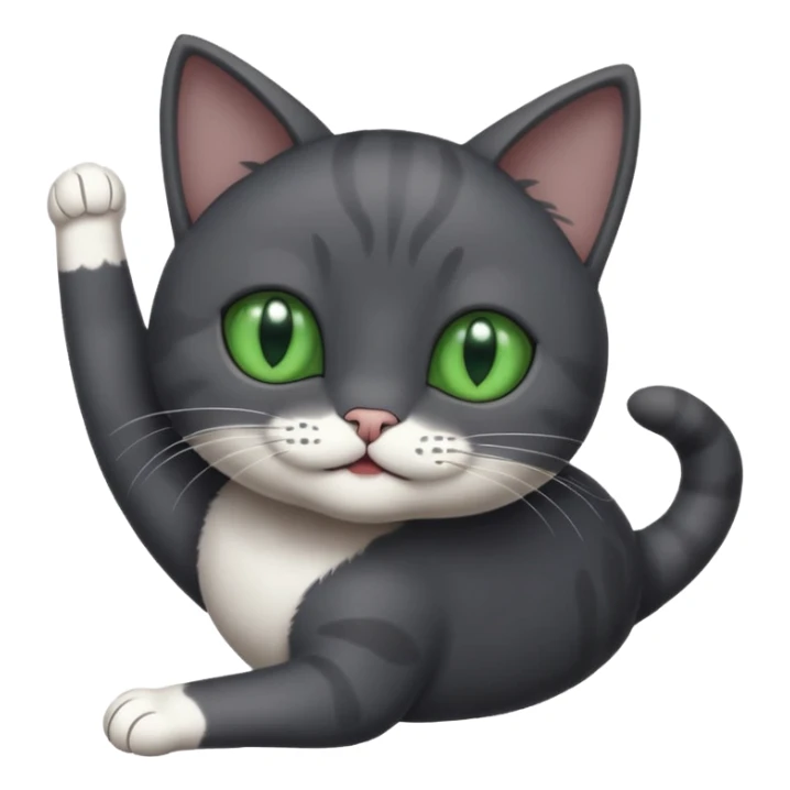 solid dark grey cat with green eyes, white toes/paws playfully rolling upside down sticker