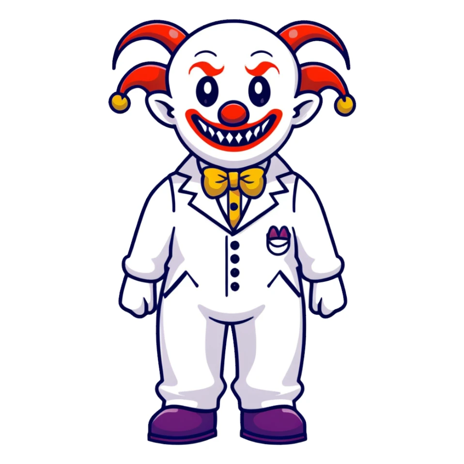 full-body demonic clown in a white leisure suit with bellbottom pants, bald, black ram horns, wearing elevator shoes sticker