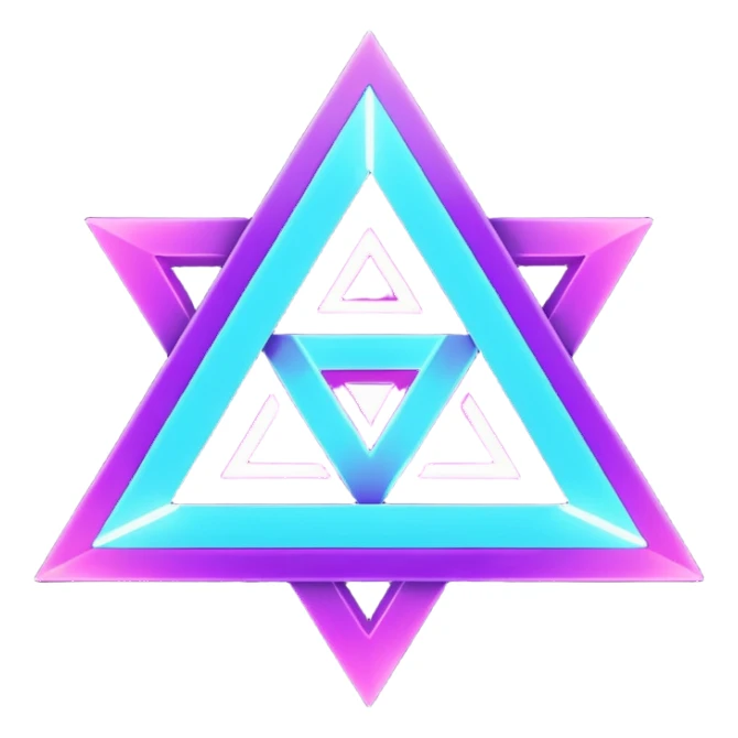 futuristic minimalistic logo icon, glowing triangle formed by three merging neon energy streams representing Storm, Atom, and NoizeGames, neon purple (#8B5CF6) and cyan (#00E0FF), dark background, unity and harmony design, no face, 1:1 aspect ratio sticker