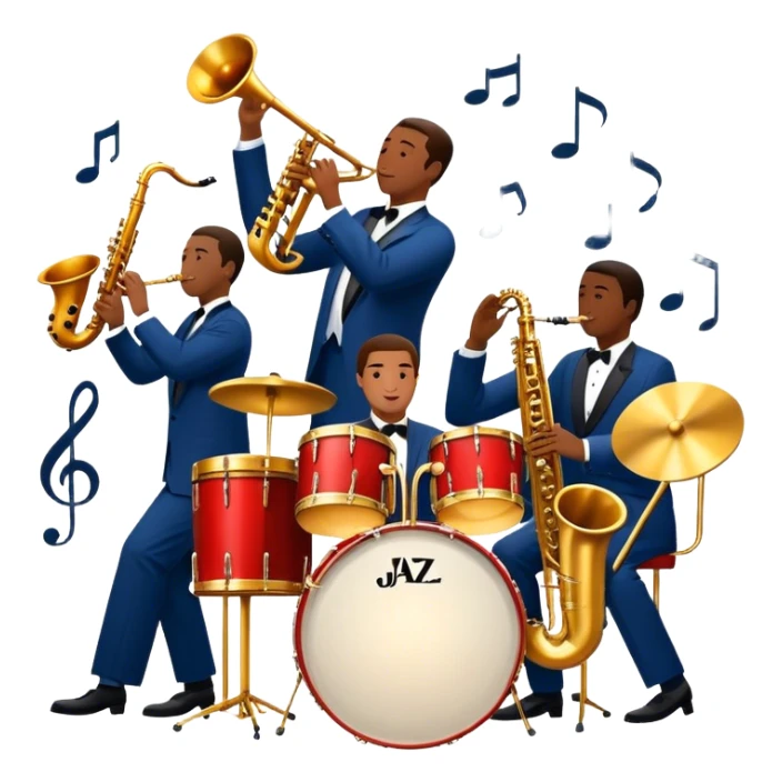Icon for Jazz Music: The Jazz Messengers, featuring a dynamic composition with Art Blakey on drums and musicians playing saxophone, trumpet, and piano. Musical notes and a warm jazz club atmosphere emphasize the vibrant hard bop style. Transparent background. sticker