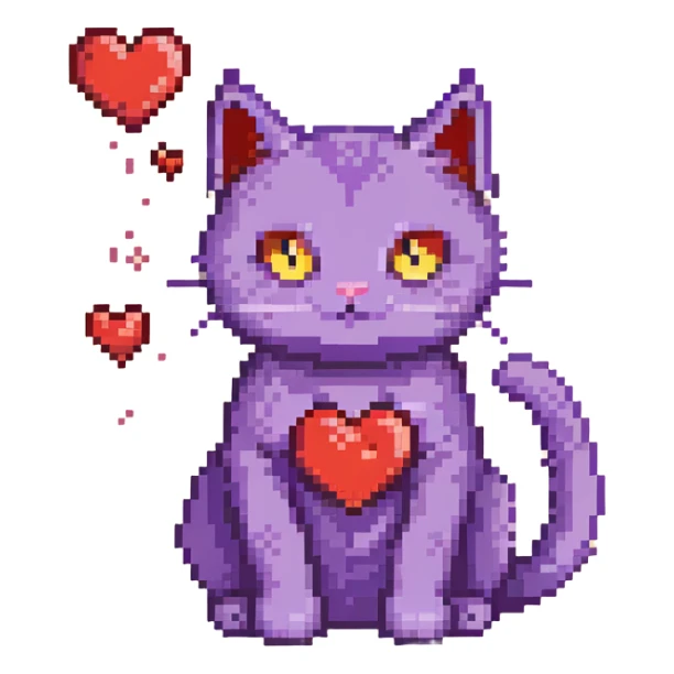 a purple cat with red hearts sticker